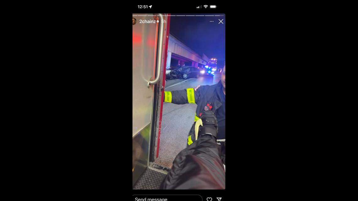 Rapper 2 Chainz posted video of himself inside an ambulance to his Instagram Story early Saturday morning, Dec. 9, 2023. He said he was in a car that was hit in the rear after he was trying to exit I-95.