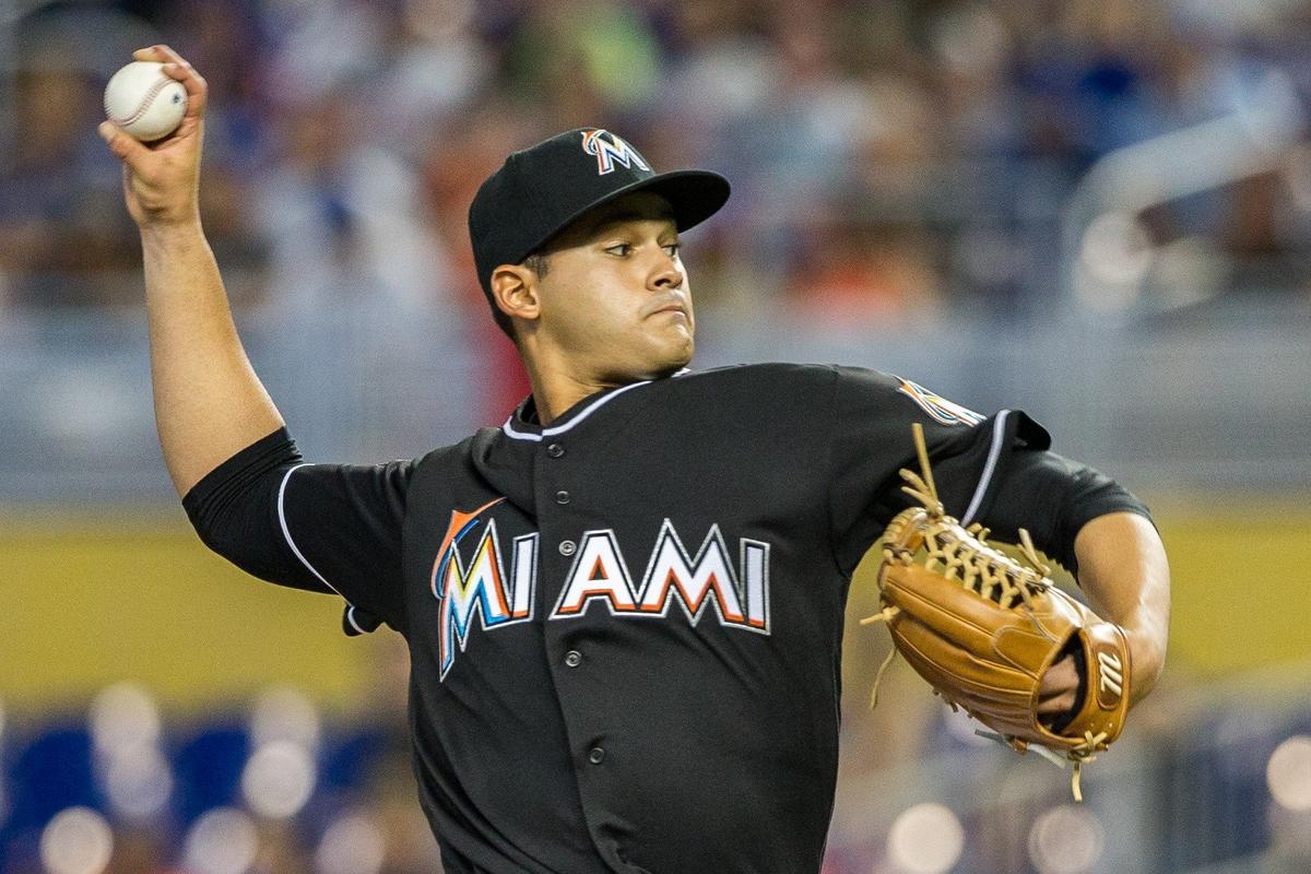 Miami Marlins starting pitcher Pablo Lopez (49) faces the New York Mets in his MLB debut at Marlins Park in Miami, Saturday, June 30, 2018.