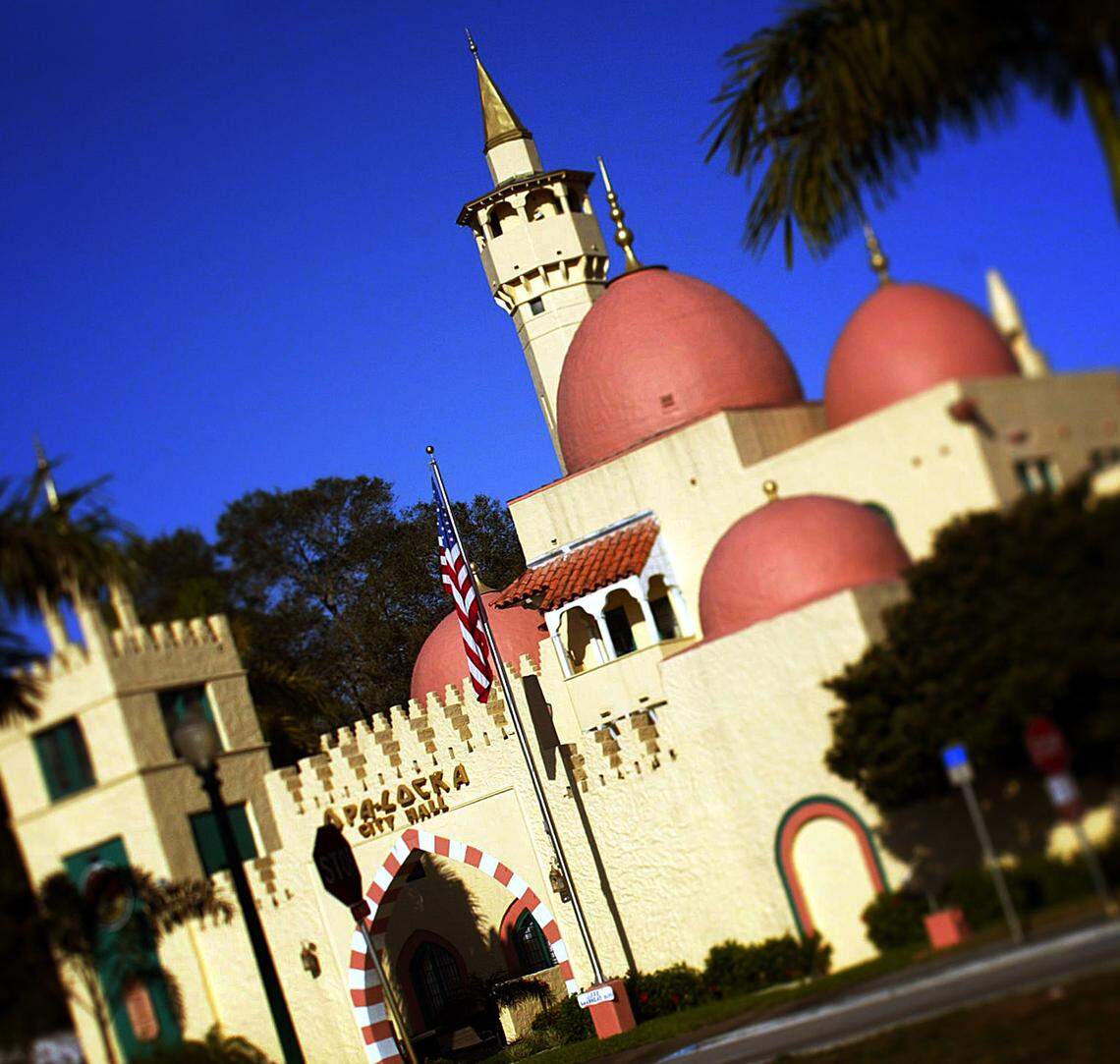 Opa-locka’s old City Hall, at 777 Shaharazad Boulevard, is an ornate building with minarets and domes.
