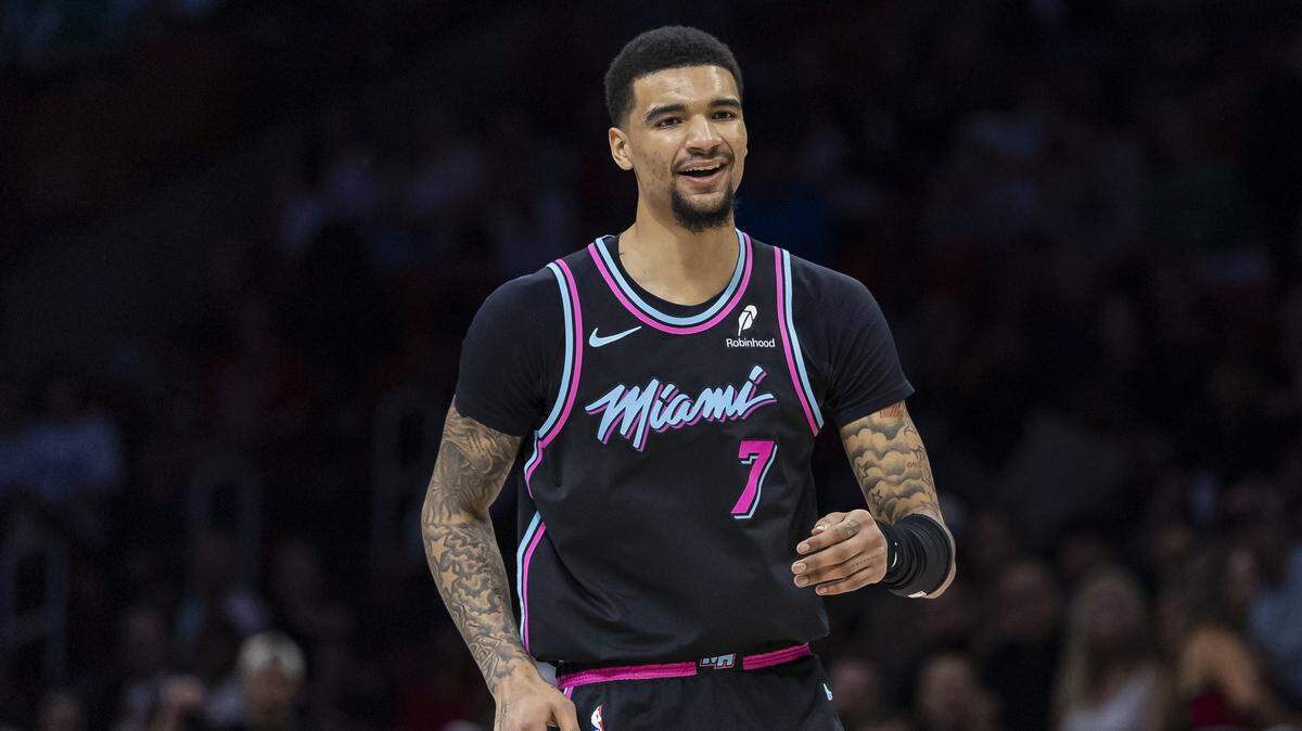 Miami Heat center Kel'el Ware (7) reacts after a play against the Orlando Magic in the first half of their NBA game at Kaseya Center on March 14, 2026, in Miami.