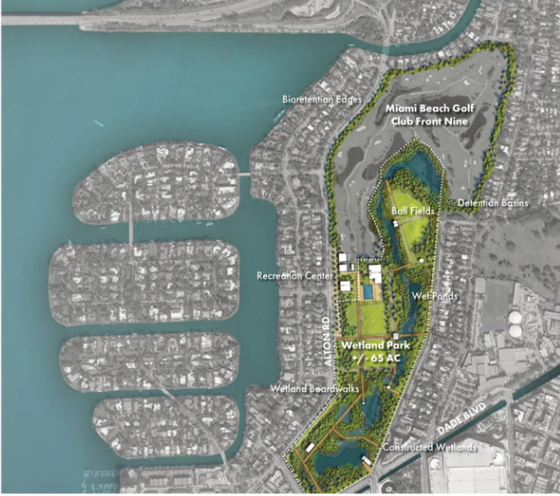 One of the options consultants presented for turning the city-owned golf course into a wetland park calls for getting rid of half the holes on the course in exchange for a wetlands park and ball fields.