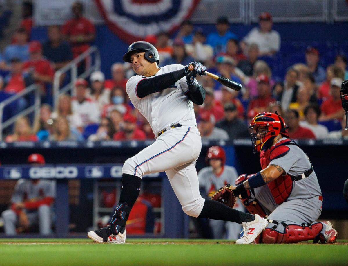 Miami Marlins right fielder Avisail Garcia (24) grounds out during the first inning of the baseball game against the St. Louis Cardinals at LoanDepot Park on Tuesday, April 19, 2022 in Miami, Florida.