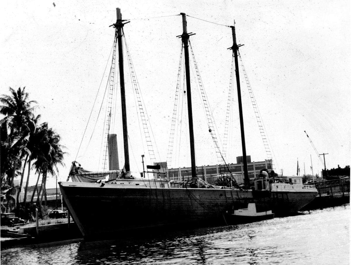 In 1947, the three-masted schooner Caroline on the MIami River while being outfitted for shark fishing in South America.