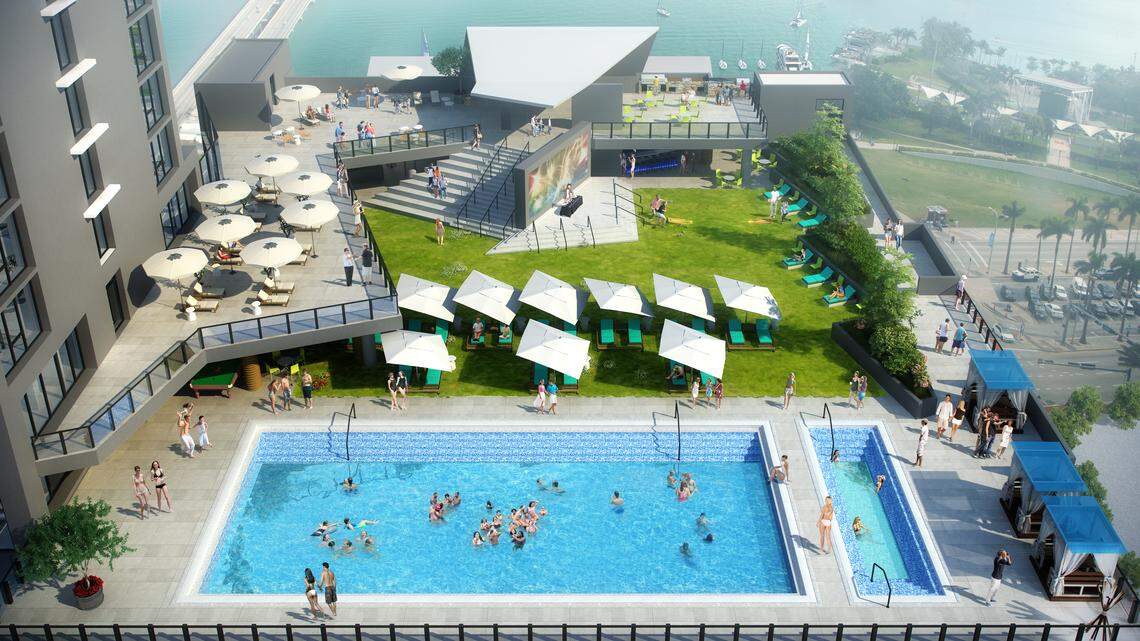 Architectural rendering of the pool deck area at X Miami, a 464-unit co-living tower at 300 Biscayne Blvd. where tenants rent a bedroom instead of a full apartment. The building is due to be completed this summer.