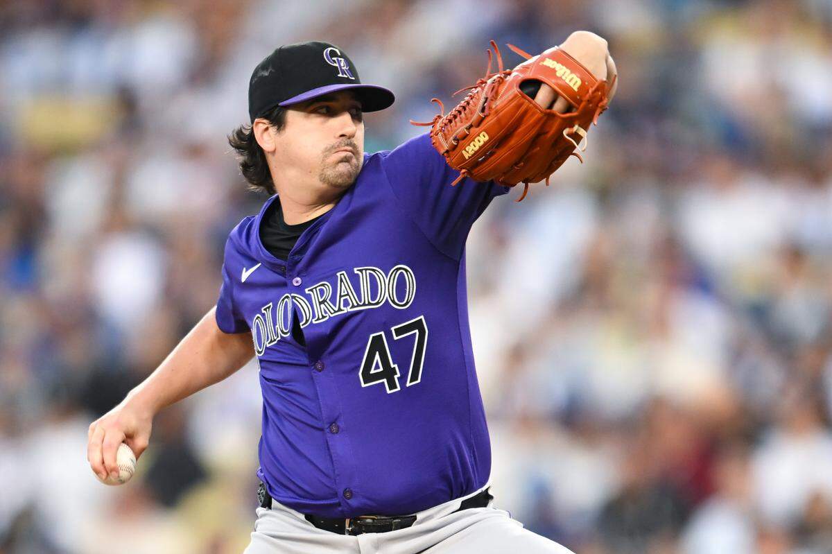 Sep 21, 2024; Los Angeles, California, USA; Colorado Rockies pitcher Cal Quantrill (47) throws a pitch against the Los Angeles Dodgers during the first inning at Dodger Stadium. Mandatory Credit: Jonathan Hui-Imagn Images