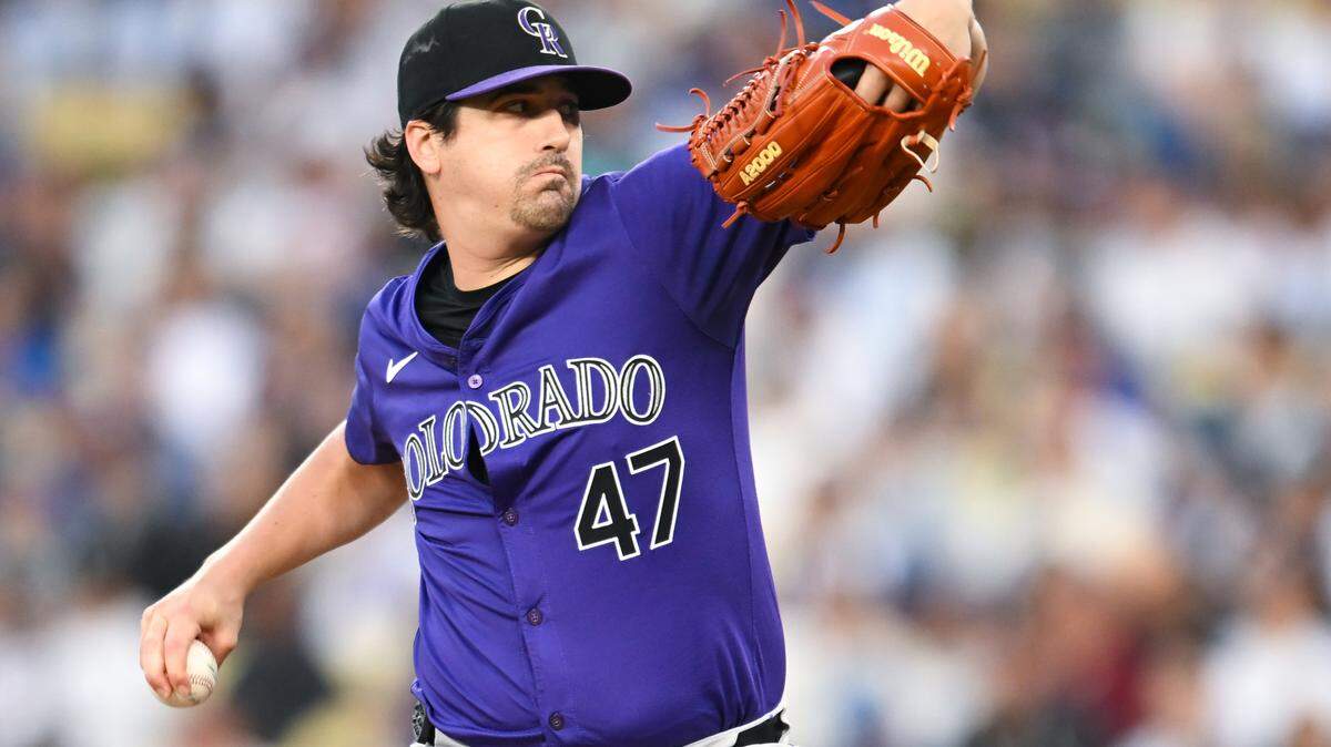 Sep 21, 2024; Los Angeles, California, USA; Colorado Rockies pitcher Cal Quantrill (47) throws a pitch against the Los Angeles Dodgers during the first inning at Dodger Stadium. Mandatory Credit: Jonathan Hui-Imagn Images