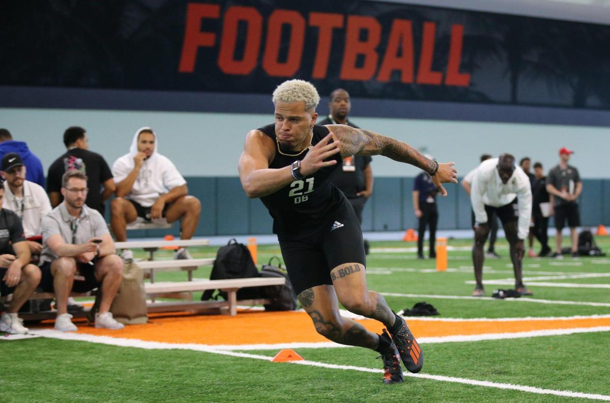 Former Miami Hurricanes safety, Bubba Bolden, performs for scouts at Pro Day at the University of Miami’s Carol Soffer Indoor Practice Facility in Coral Gables on Wednesday, March 30, 2022, ahead of the 2022 NFL Draft.