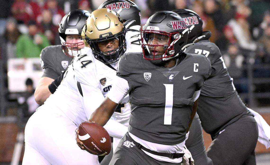 Nov 17, 2023; Pullman, Washington, USA; Washington State Cougars quarterback Cameron Ward (1) and Colorado Buffaloes linebacker Jordan Domineck (44) in the first half at Gesa Field at Martin Stadium. Mandatory Credit: James Snook-USA TODAY Sports