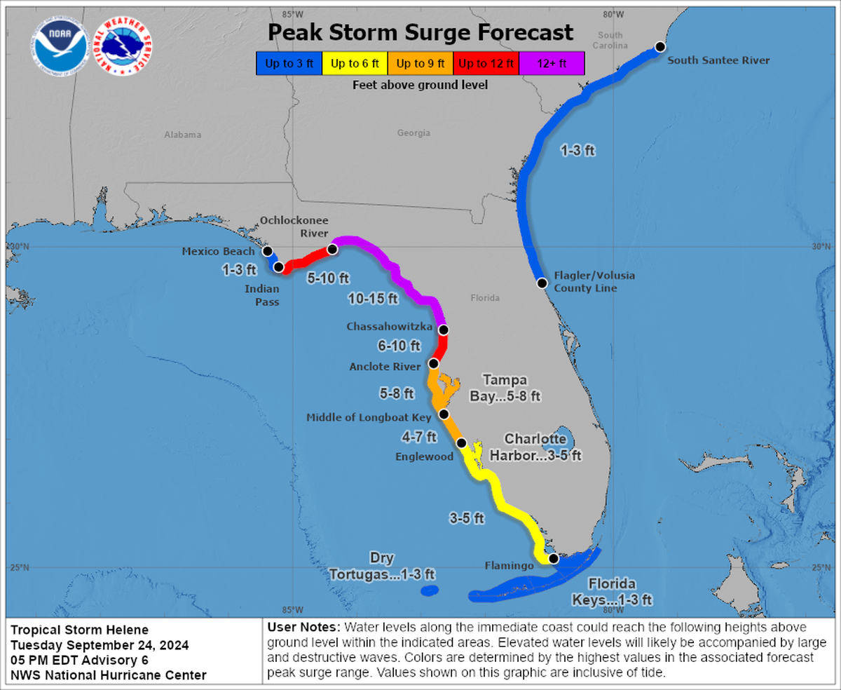 Life-threatening storm surge is forecast to plague Florida’s west coast as Tropical Storm Helene approaches in the coming days, forecasters say.&nbsp;