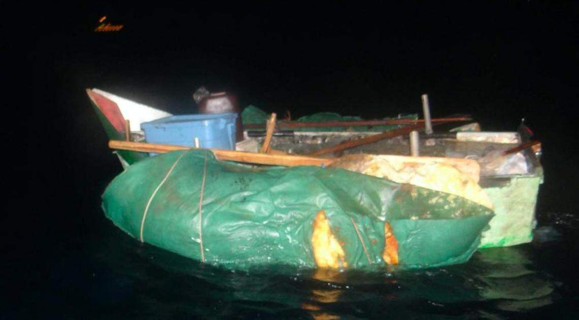 A homemade raft floats in the water off the Keys that was stopped by the Coast Guard carrying Cuban migrants Jan. 7, 2022.