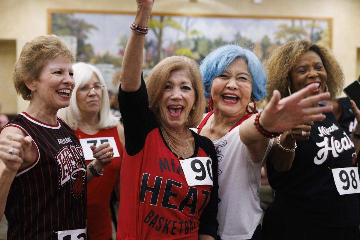 From left to right: Jan Zartman-Cahill, Linda Singer (back), Sondra Marcus, Paula Liu, and Barbara Sanders pose during the Heat Golden Oldies auditions for the Miami HEAT senior dance team on Thursday, Sept. 25, 2025, at Southwest Focal Point Community Center in Pembroke Pines, Fla.