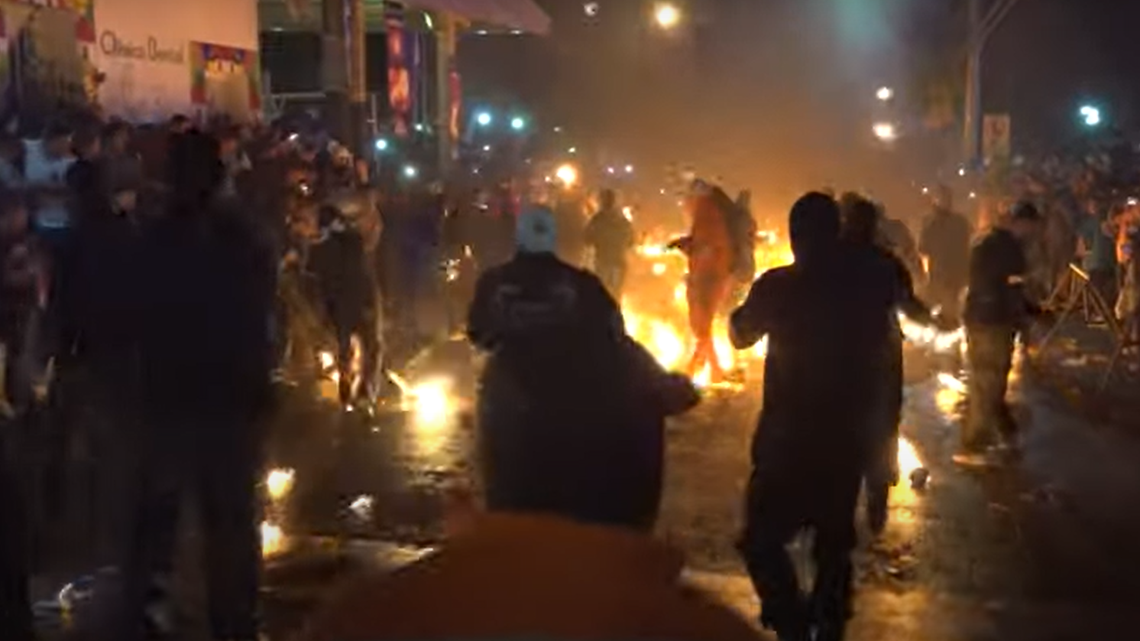 The annual celebration Bolas de Fuego, or “Balls of Fire” festival, in Nejapa, El Salvador, returned with teams throwing fireballs at close range, video shows.
