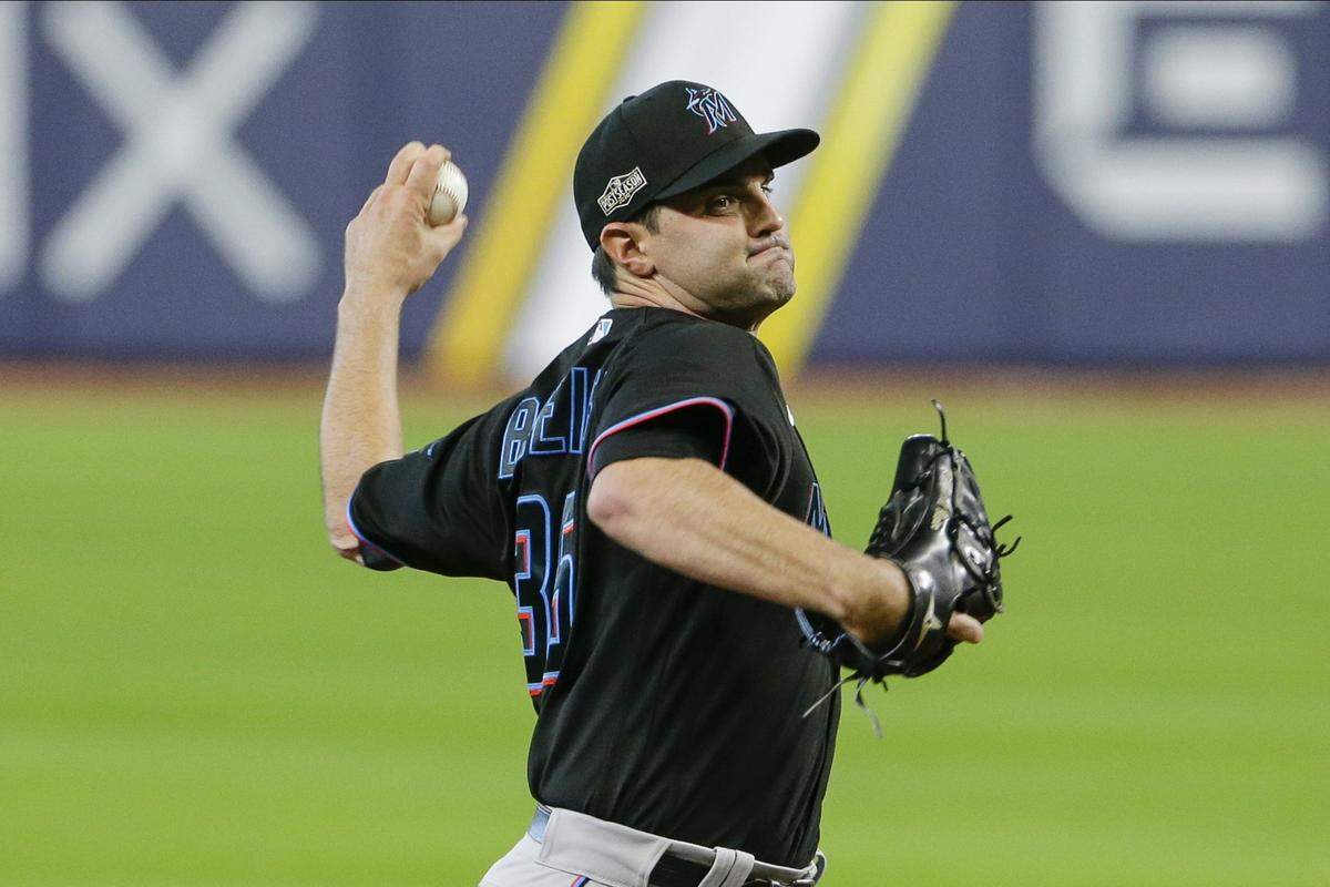 Miami Marlins’ Richard Bleier delivers a pitch during the sixth inning in Game 2 of a baseball National League Division Series against the Atlanta Braves Wednesday, Oct. 7, 2020, in Houston. (AP Photo/Michael Wyke)