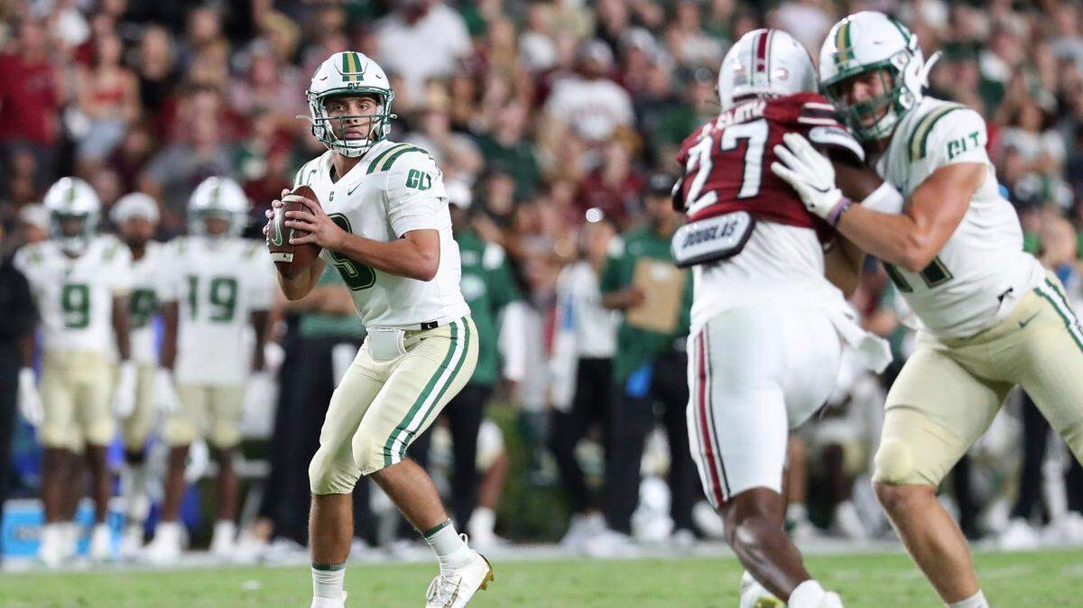 Charlotte quarterback Chris Reynolds (3) drops back to pass during an NCAA college football game against South Carolina on Saturday, Sept. 24, 2022, in Columbia, S.C. South Carolina won 56-20. (AP Photo/Artie Walker Jr.)