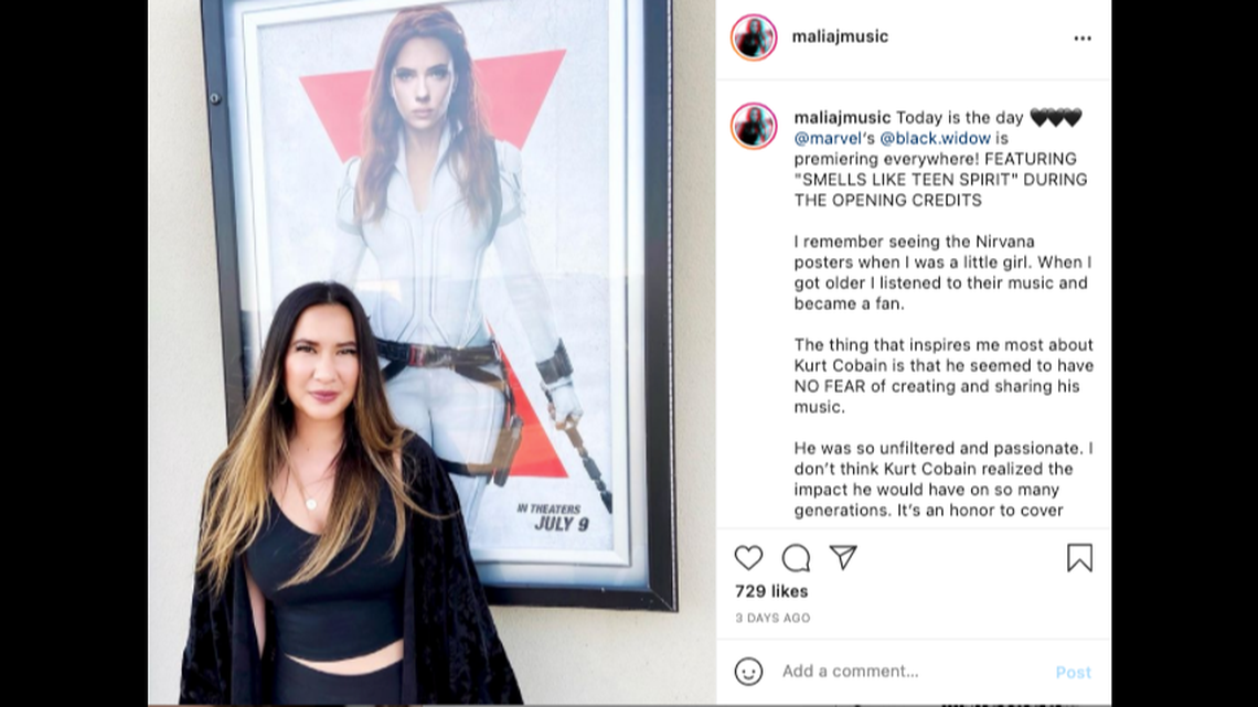 Malia J’s “Smells Like Teen Spirit” has vaulted up the iTunes song charts following the theatrical release of “Black Widow.”