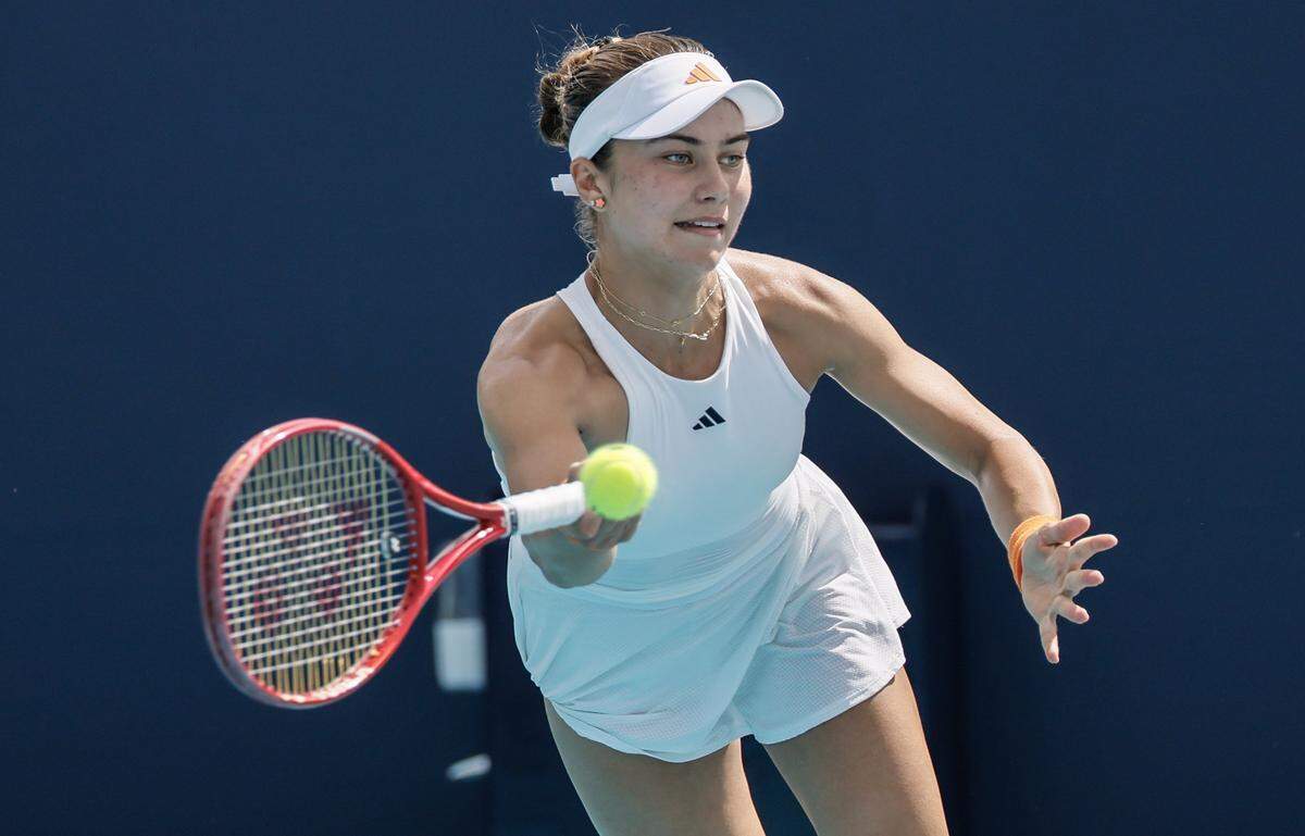 USA's Iva Jovic returns a serve by Paula Badosa of Spain during their Miami Open tennis match on Court 2 at Hard Rock Stadium in Miami Gardens, Florida on Saturday, March 21, 2026.  