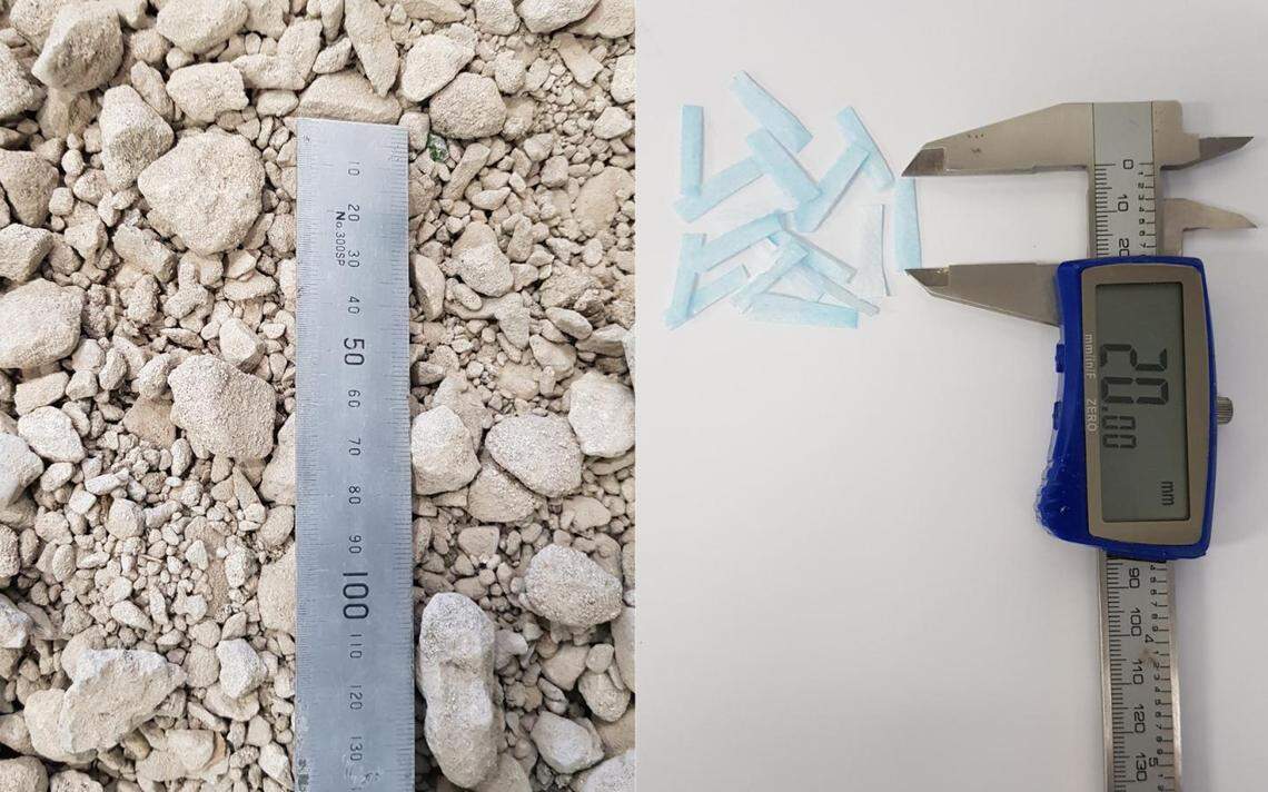 The new material blends recycled concrete aggregate (left) and small strips of shredded disposable face masks (right).