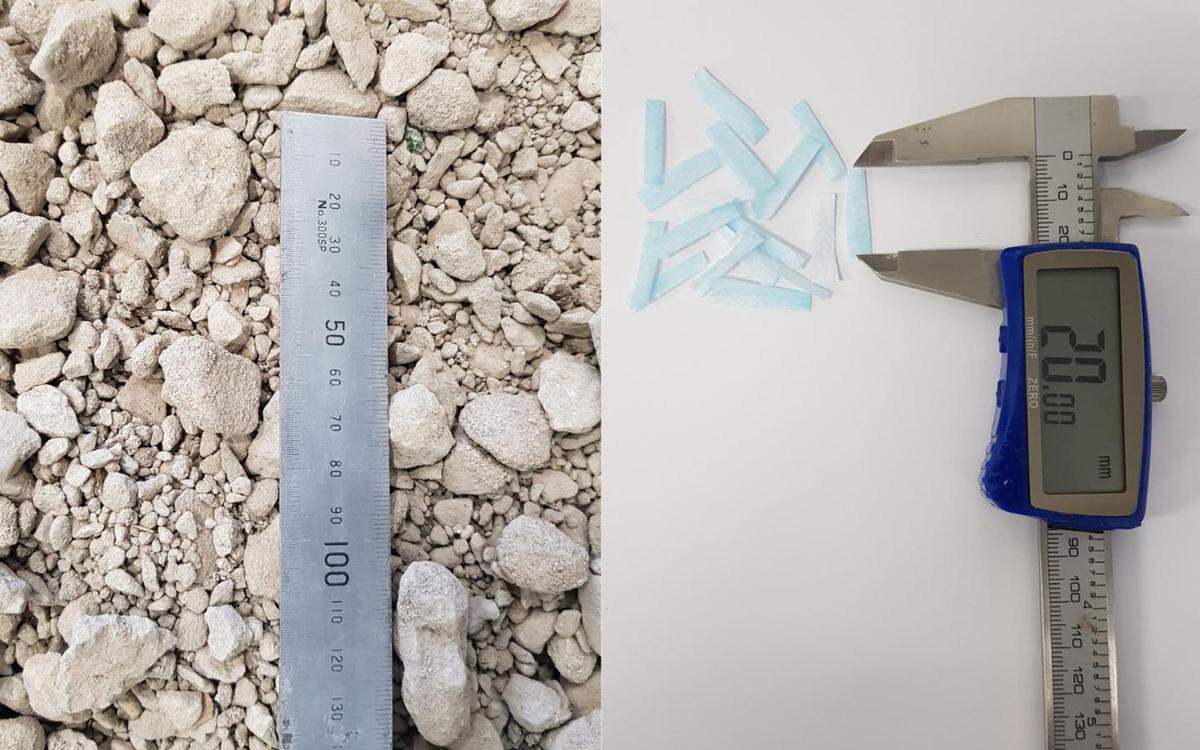 The new material blends recycled concrete aggregate (left) and small strips of shredded disposable face masks (right).