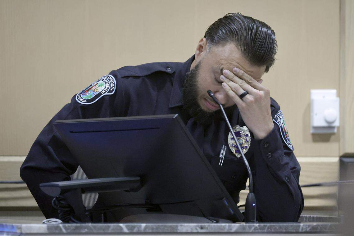 Hollywood police Officer Henry Martinez reads his victim’s impact statement on Tuesday, Dec. 2, 2025. Martinez was best friends with Hollywood Police Officer Yandy Chirino, and was on the scene when he was shot and killed. Jason Banegas pleaded guilty in October to the 2021 shooting death of Hollywood Police Officer Yandy Chirino. (Mike Stocker/South Florida Sun Sentinel)