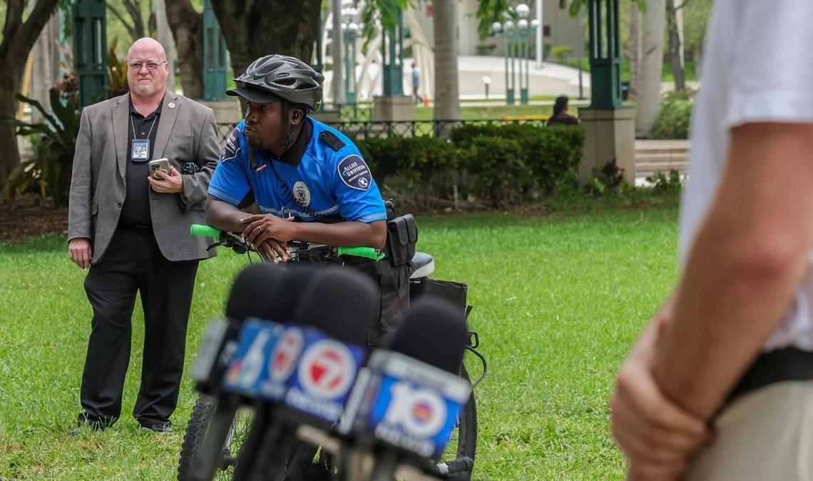 County security personnel were present as a group people gathered at a press conference on Friday, June 27, 2025, to denounce the acts of violence against activists and residents at the Miami-Dade County Commission Chambers a day before.