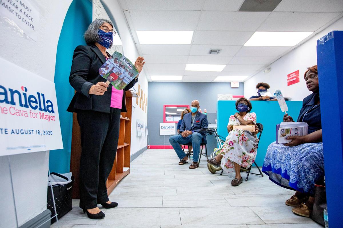 Miami-Dade mayoral candidate Daniella Levine Cava speaks to a group of citizens during a meet and greet event at her Miami Gardens campaign office on Friday, July 3, 2020.
