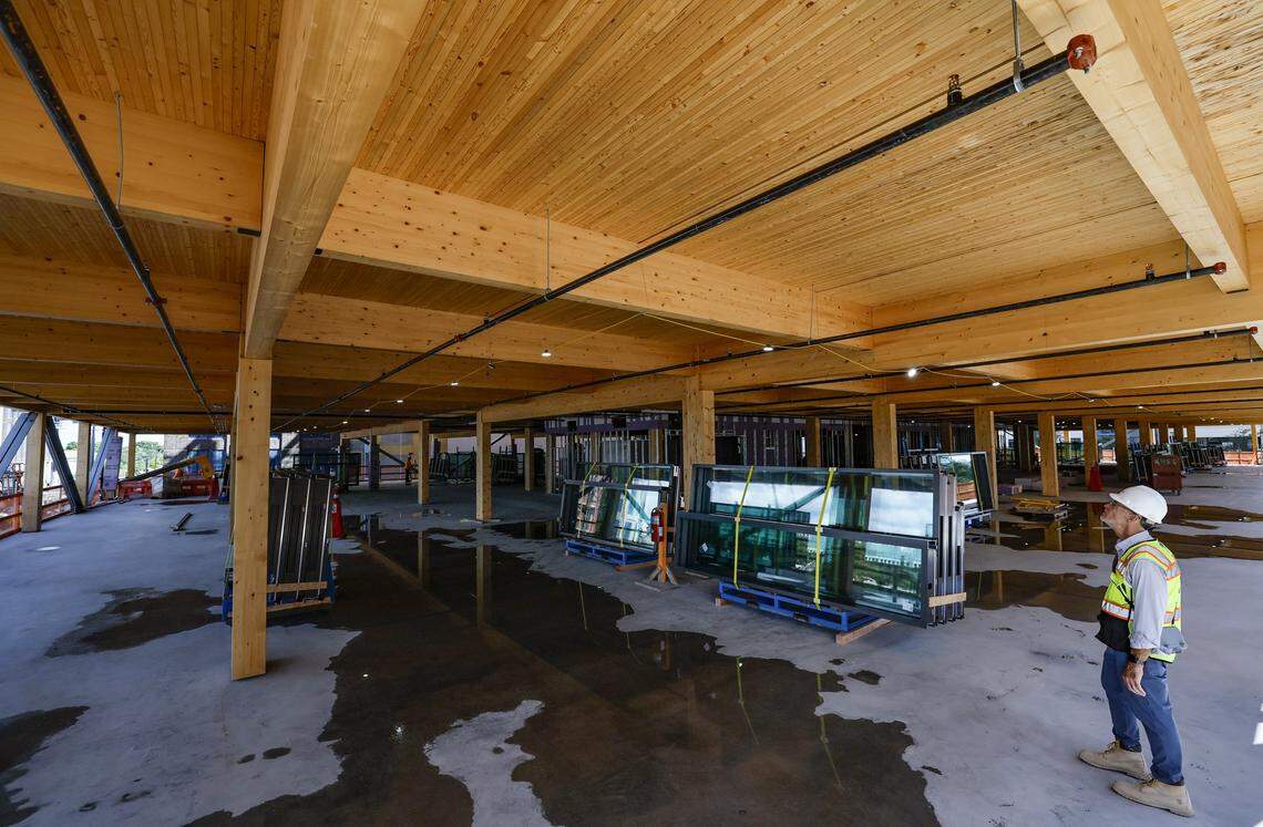 Lou Williams, managing director construction for Hines, stands inside a mass timber office tower at FAT Village under construction in Fort Lauderdale, Florida, on Thursday, September 25, 2025.