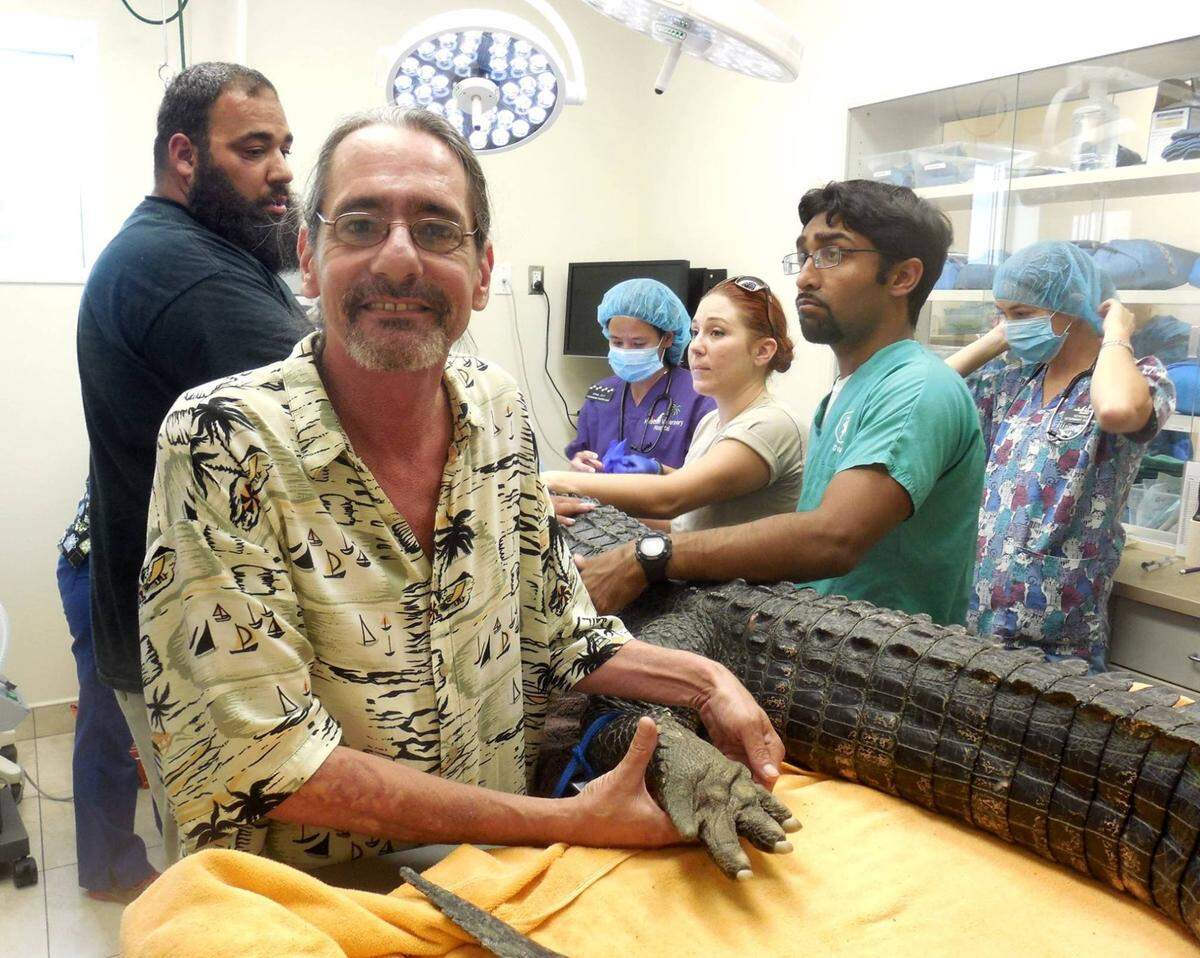 Former Keynoter editor Larry Kahn holds the back foot of Flaco, a 200-pound, 9-foot alligator who was brought to the Marathon Veterinary Hospital from Everglades Holiday Park in August 2015 for an operation. Kahn wrote a story about the procedure for the paper.