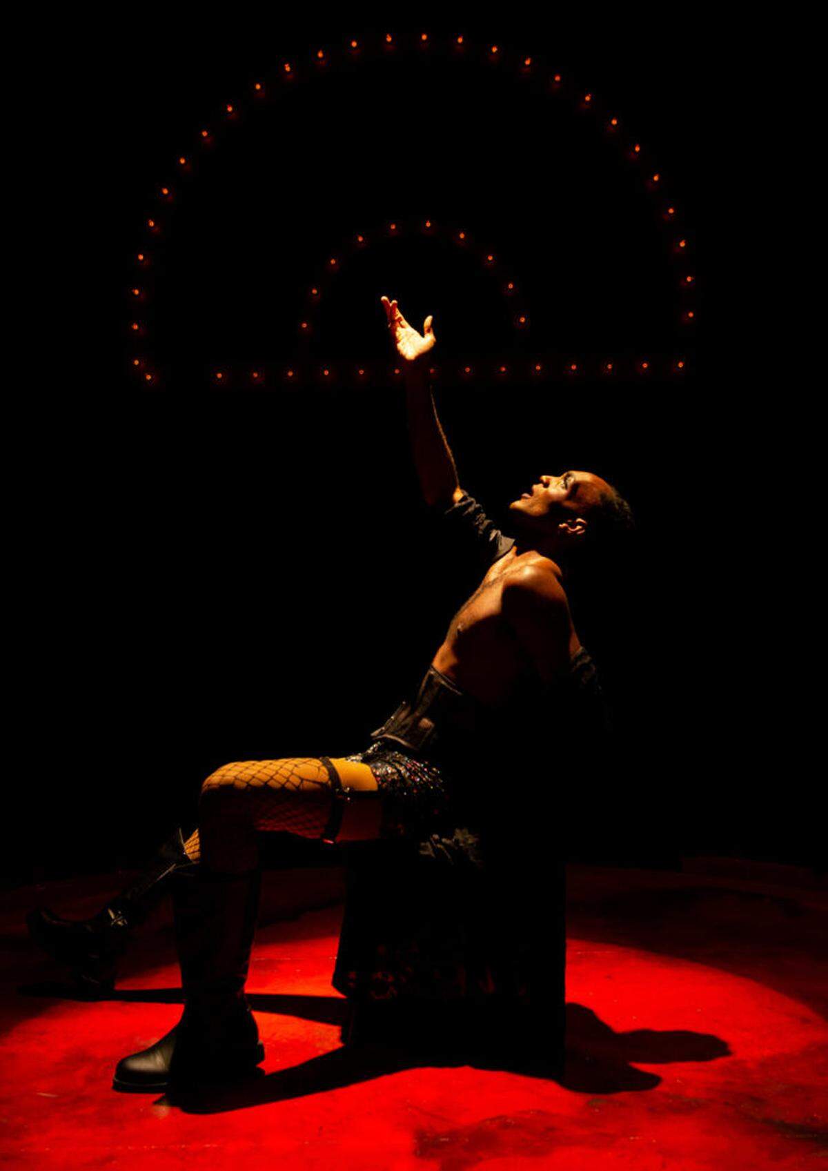 Elijah Word as the Emcee sings the wrenchingly beautiful “I Don’t Care Much” in Zoetic Stage’s “Cabaret” at the Adrienne Arsht Center.