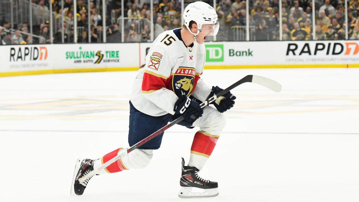 May 17, 2024; Boston, Massachusetts, USA; Florida Panthers center Anton Lundell (15) reacts after scoring a goal during the second period in game six of the second round of the 2024 Stanley Cup Playoffs against the Boston Bruins at TD Garden.