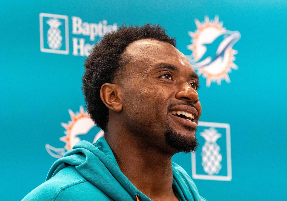 Miami Dolphins guard Austin Jackson (73) speaks to the media after Organized Team Activities at the Baptist Health Training Complex on Tuesday, June 3, 2025, in Miami Gardens, Fla.