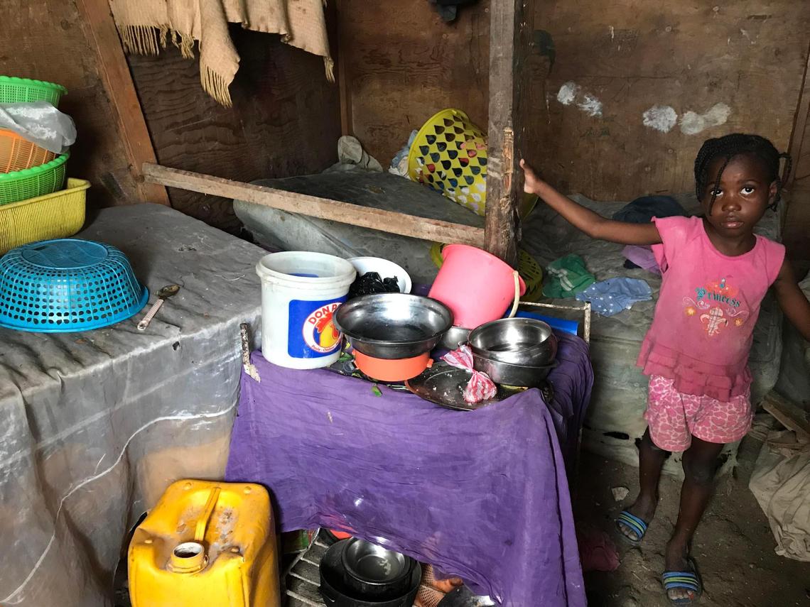 The inside of Telfort Innocent’s shack at the biggest camp in Village Caradeux in Delmas turns into a river whenever it rains. Ten years after Haiti’s 2010 earthquake, he and his children are among thousands who call the camp home.