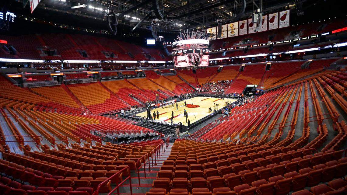 A views of the empty AmericanAirlines Arena before the start of an NBA basketball regular season game between the Miami Heat against the Charlotte Hornets on Wednesday, March 11, 2020 in Miami.