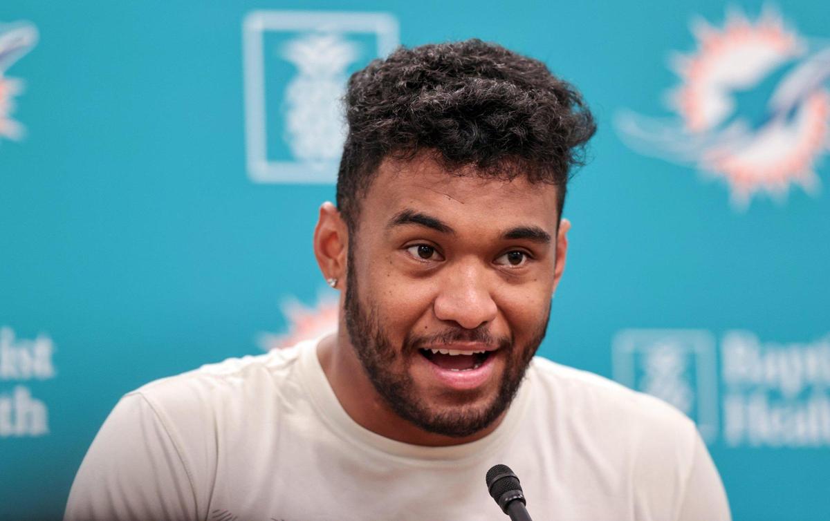 Miami Dolphins quarterback Tua Tagovailoa speaks to reporters after practice at Baptist Health Training Complex in Miami Gardens on Wednesday, October 27, 2021.