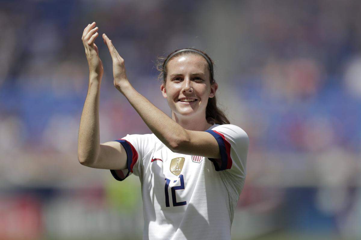 United States defender Tierna Davidson is introduced during a send-off ceremony ahead of the FIFA Women’s World Cup after an international friendly soccer match against Mexico, Sunday, May 26, 2019, in Harrison, N.J. The U.S. won 3-0.