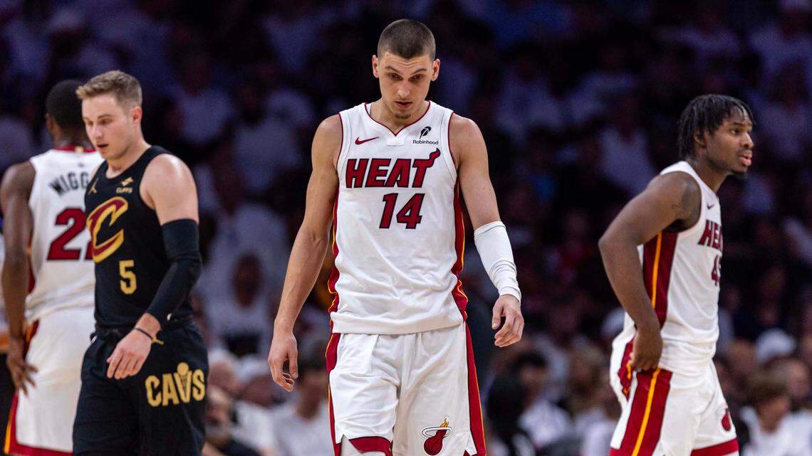 Miami Heat guard Tyler Herro (14) looks on during the first half of Game 3 of the NBA Playoffs against the Cleveland Cavaliers at Kaseya Center on April 26, 2025, in Miami.