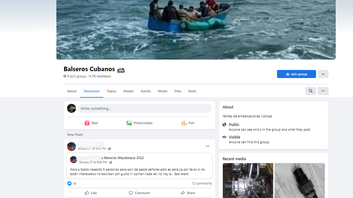 Uno de los grupos de Facebook que usan los cubanos para comprar y vender partes de botes para construir embarcaciones improvisadas para venir a los Estados Unidos.