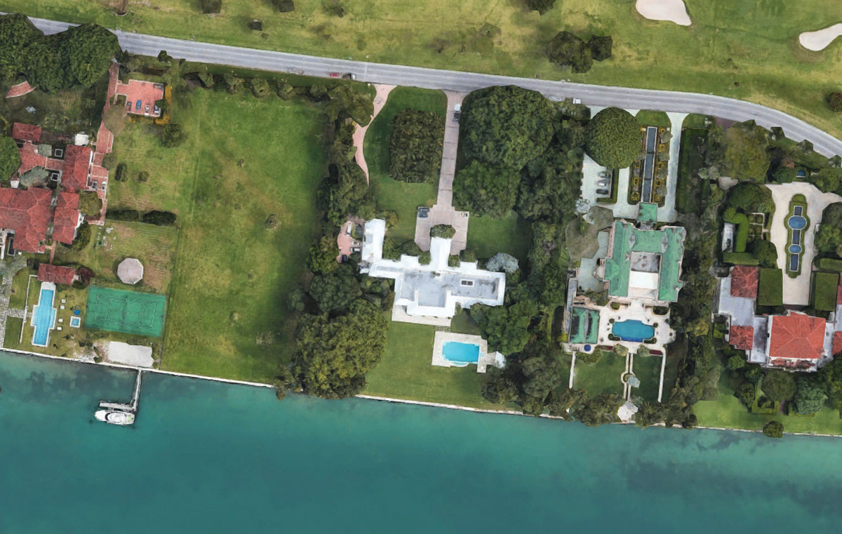 An aerial view of the waterfront mansion.