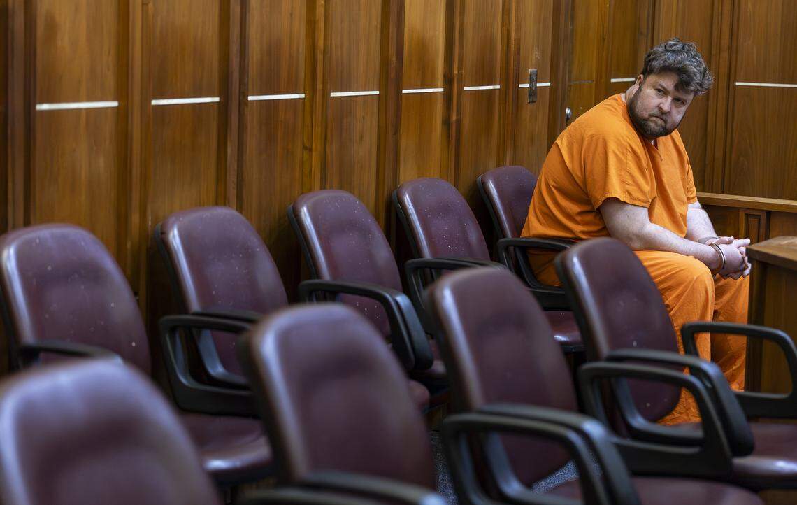 Travis Grafe, son of the former Knaus Berry Farms owners, looks on as he attends court for a competency hearing at the Richard E. Gerstein Justice Building on Friday, Sept. 26, 2025, in Miami, Fla. He is accused of beating his mother, Rachel Knaus Grafe, to death.