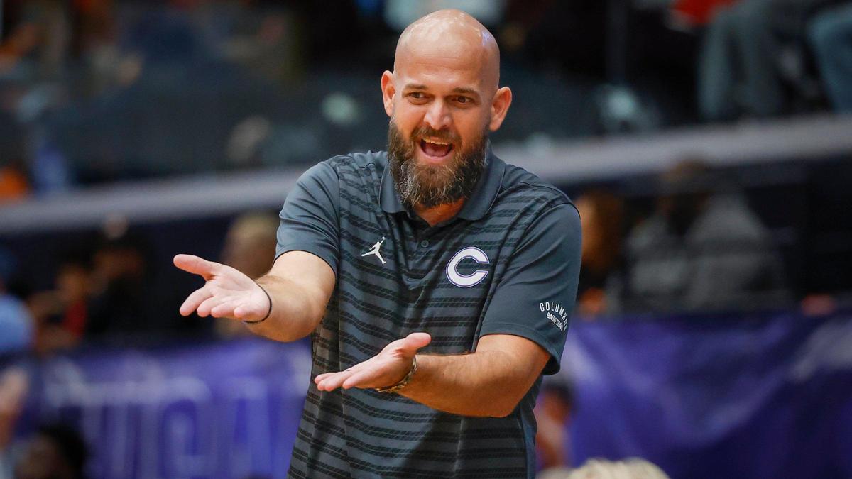 Columbus High School’s head coach Andrew Moran reacts during the game against Seminole High School in the second half of the FHSAA Class 7A Semi-Final for Boys High School Basketball State Championship at the RP Funding Center in Lakeland, Florida on Friday, March 7, 2025.