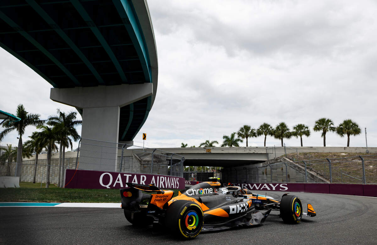 McLaren driver Lando Norris of Britain takes a turn during a practice session on the first day of the Formula One Miami Grand Prix at the Miami International Autodrome on Friday, May 2, 2025, in Miami Gardens, Fla.