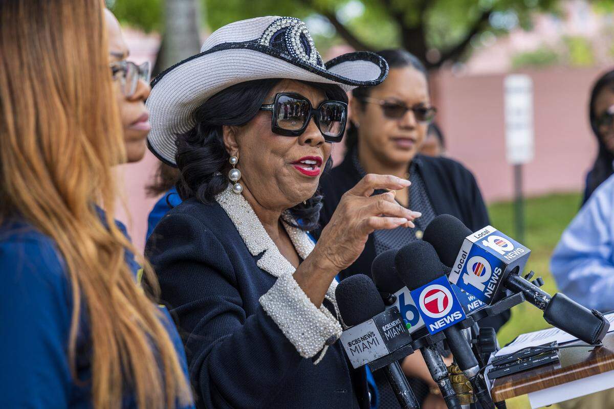 From left-Former Congresswoaan Sheila Cherfilus-McCormick and U.S. Rep. Frederica Wilson, talked to the press after visiting the I.C.E. Broward Transitional Center Following Death of Haitian Woman Detainee, in Pompano Beach, on Friday May 02, 2025.