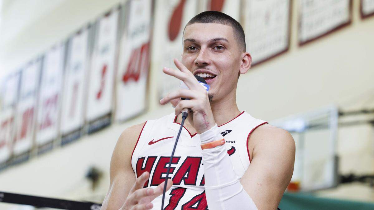 Tyler Herro (14) talks during an interview at the Miami HEAT Media Day on Monday, Sept. 29, 2025, at the Kaseya Center in downtown Miami, Fla.