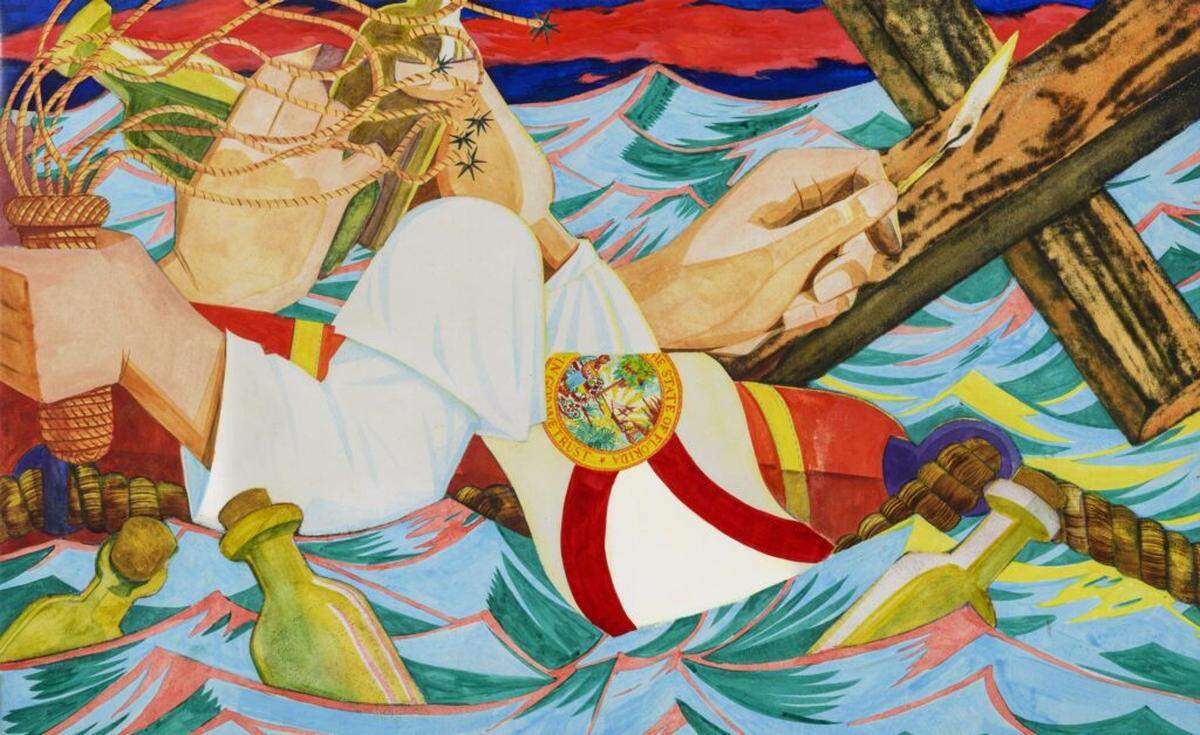 Mark Thomas Gibson, “Conspirators at Sea,” 2025. The painting pairs the Florida state flag with Ku Klux Klan imagery.