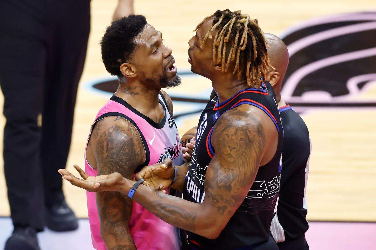 Udonis Haslem #40 of the Miami Heat and Dwight Howard #39 of the Philadelphia 76ers are involved in a scuffle during the second quarter at American Airlines Arena on May 13, 2021.