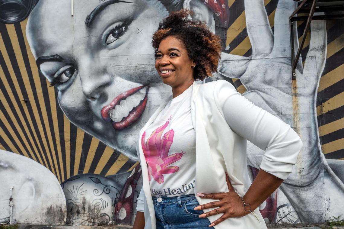 Aurelia Edwards, founder of Nailstry, poses in her office in Fort Lauderdale on April 20, 2022.