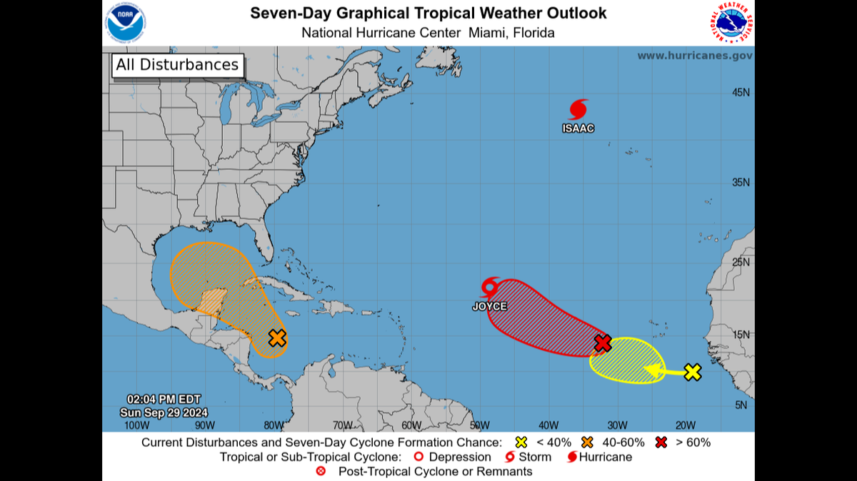 The Sunday 2:04 p.m. map of Atlantic Ocean and Gulf of Mexico systems