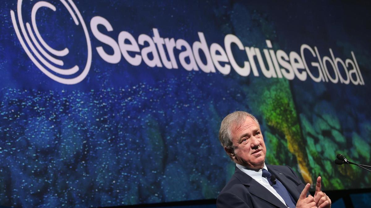 Pierfrancesco Vago, global chairman of Cruise Line International Association, gives the state of the industry address on opening day of the Seatrade Cruise Global expo in 2022 at the Miami Beach Convention Center.