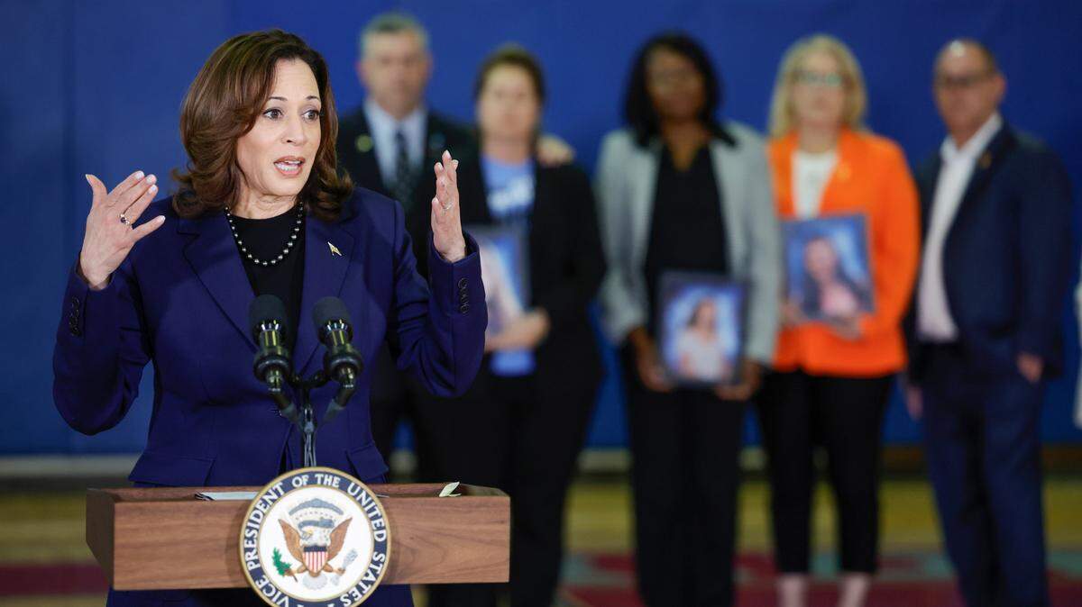 Vice President Kamala Harris speaks to the media after meeting with parents of students killed during a mass shooting at Marjory Stoneman Douglas High School six years ago in Parkland on Saturday, March 23, 2024.