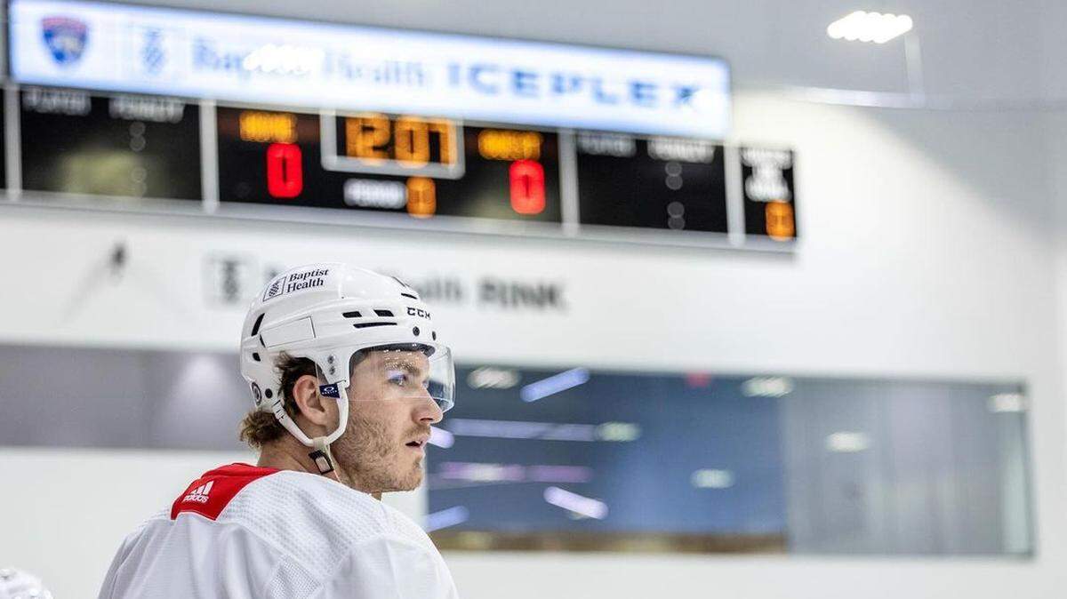 Florida Panthers winger Matthew Tkachuk stands on the ice at the Baptist Health IcePlex at FTL War Memorial on Friday, Dec. 22, 2023.