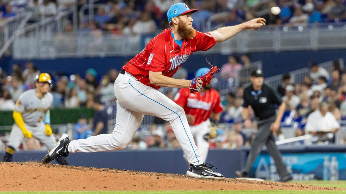 Miami Marlins relief pitcher A.J. Puk (35) pitches against the Milwaukee Brewers in the sixth inning of an MLB game at loanDepot park on Saturday, Sept. 23, 2023, in Miami, Fla.